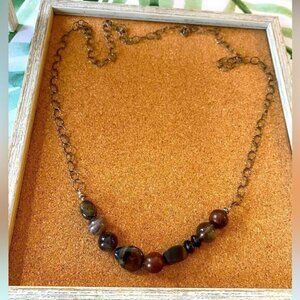 Boho long chain and beads necklace browns wooden